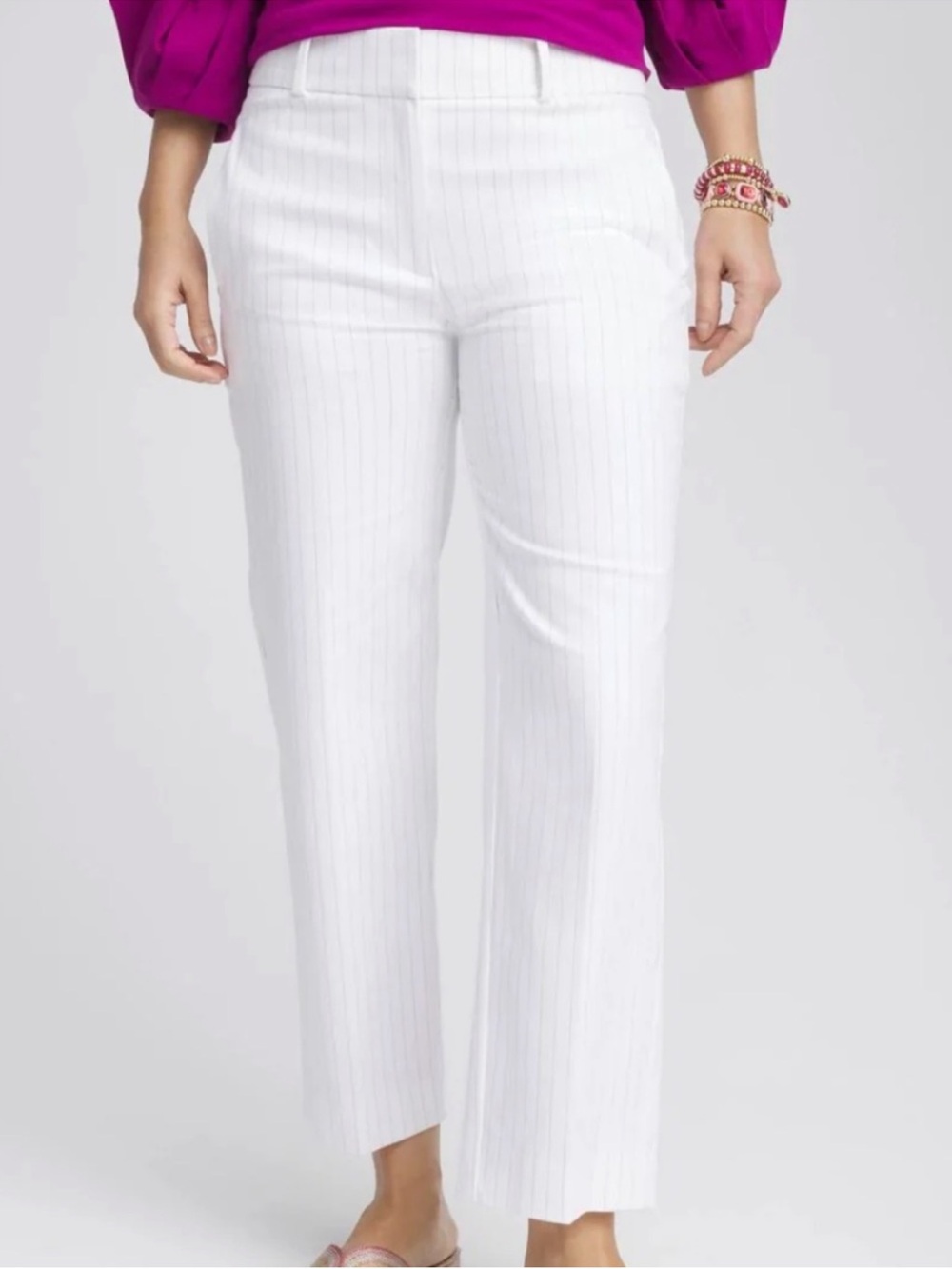 Chico’s 12R (2R) Pants Striped Straight Leg Cropped in Alabaster Fly Front NWT